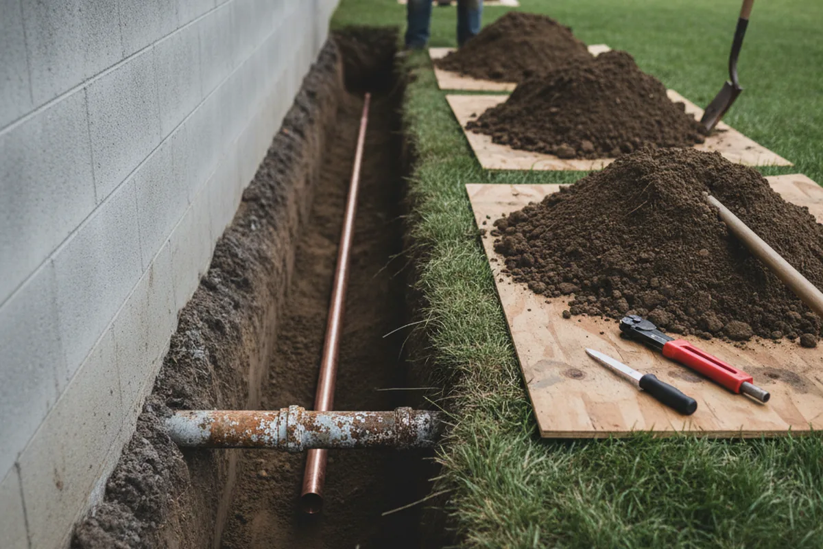 Excavated water line trench during Water Softener Installation in Rineyville